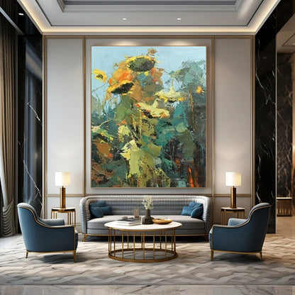 Impressionistic Sunflower Landscape Oil Painting for Countryside Café & Rustic Home Dining Room DLZ1611