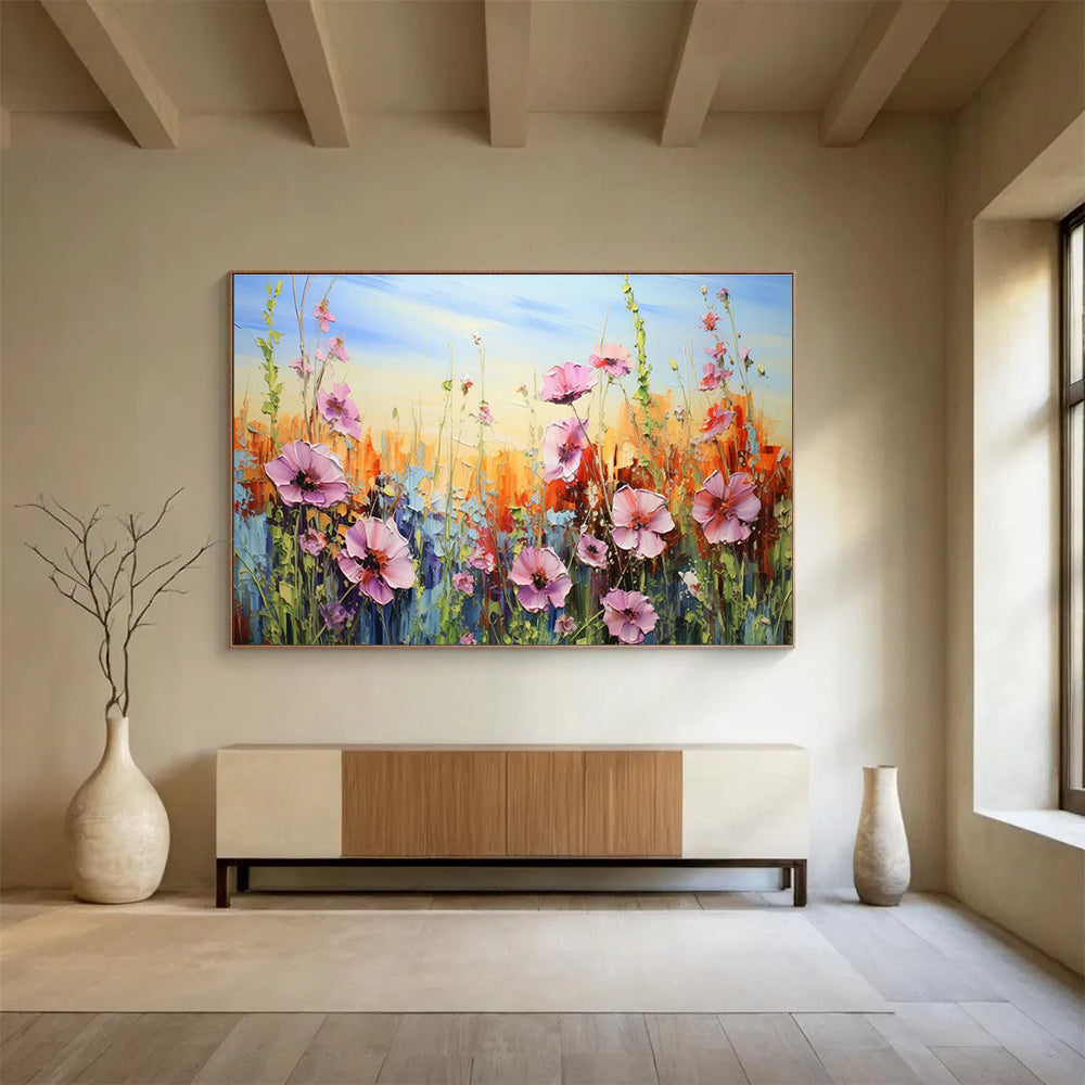 Colorful Flower Field Oil Painting for Countryside Café Dining Areas DLZ3287