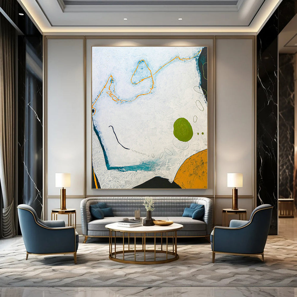 White - Orange - Green Abstract Art for Beach House & Home Sunroom DLZ1114