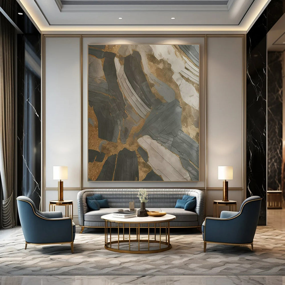 Gold - Gray Abstract Art for Industrial - Style Café & Creative Studio DLZ1734