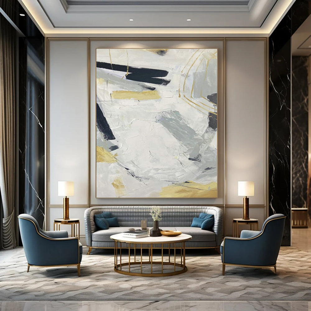 Elegant Gray - White - Gold Abstract Art for Luxury Bedroom & High - End Restaurant DLZ2287