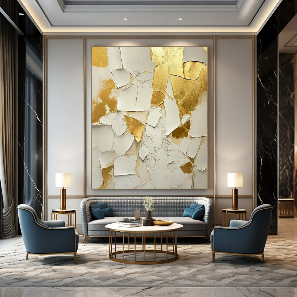 White - Gold Cracked Art for Entryway & Living Room DLZ0328