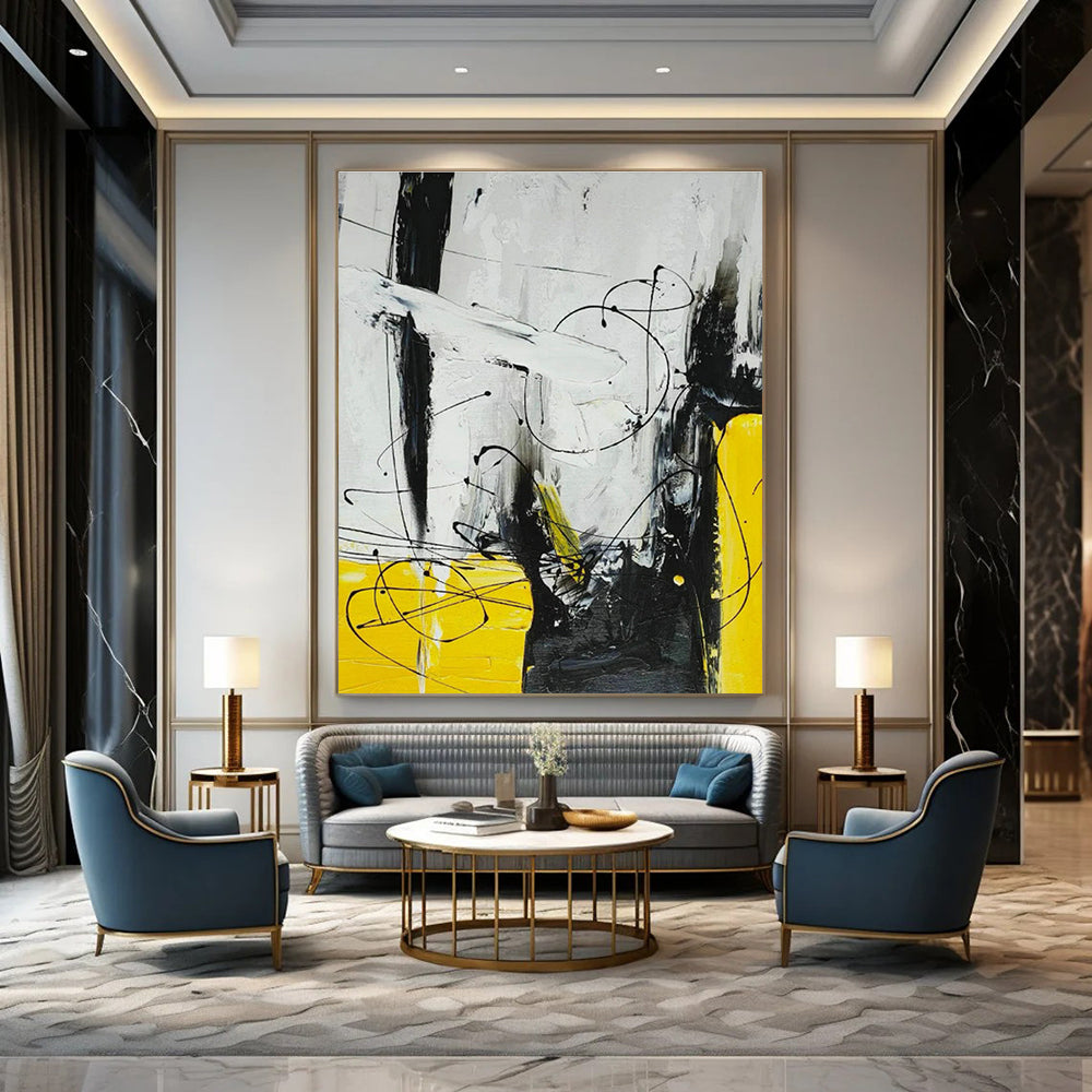 Yellow - Black Line Abstract Art for Living Room & Bedroom DLZ0497