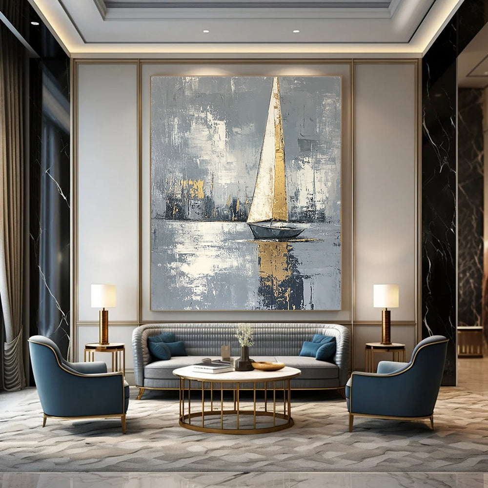 Golden Sailboat on Gray Water Art for Modern Coastal Office & Elegant Home Library STSC1420