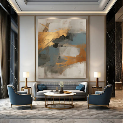 Gold - Blue - Gray Abstract Art for Coastal Home Beach House & Corporate Meeting Room DLZ1733