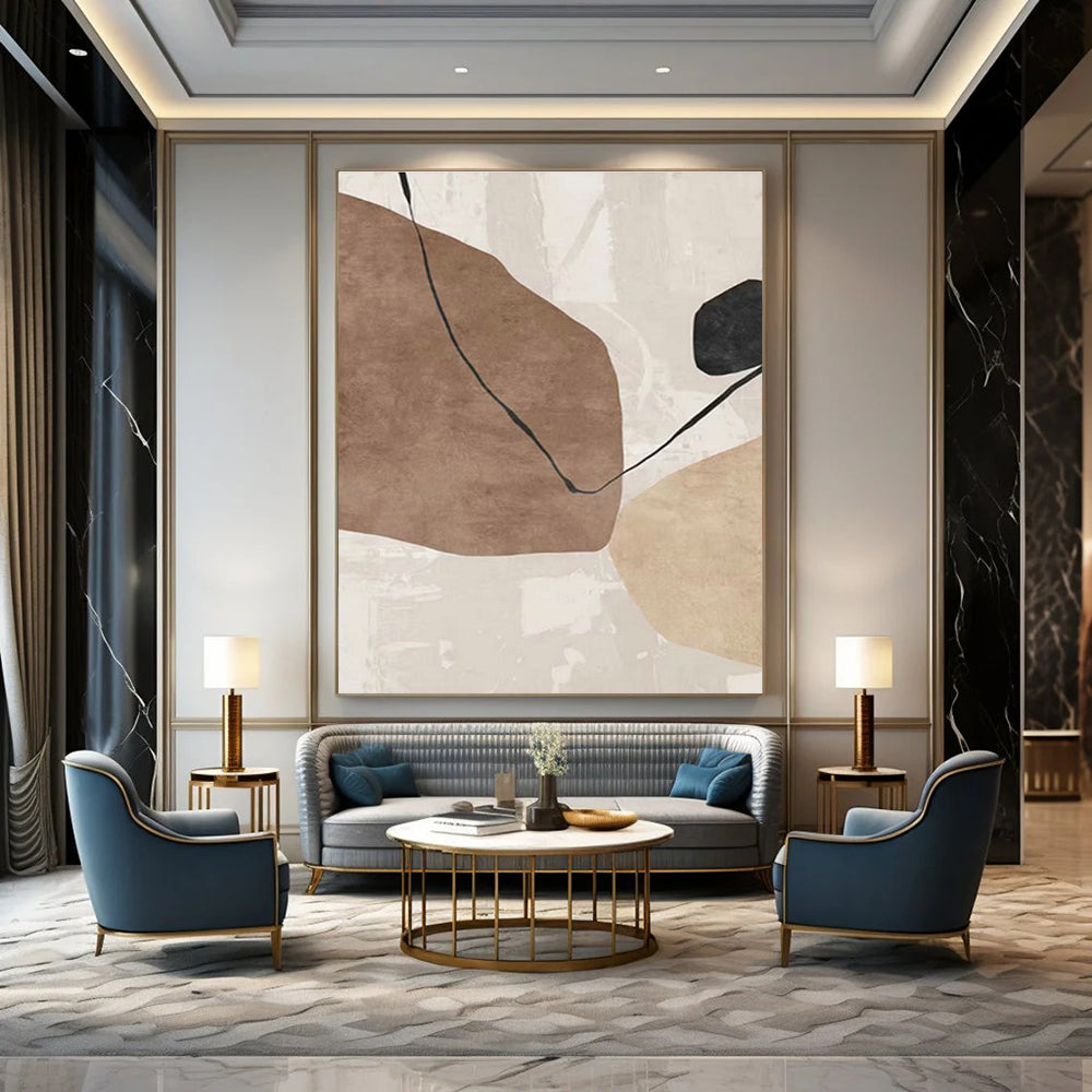 Beige and Black Abstract Forms Art for Minimalist Bedroom & Contemporary Art Lounge DLZ2219