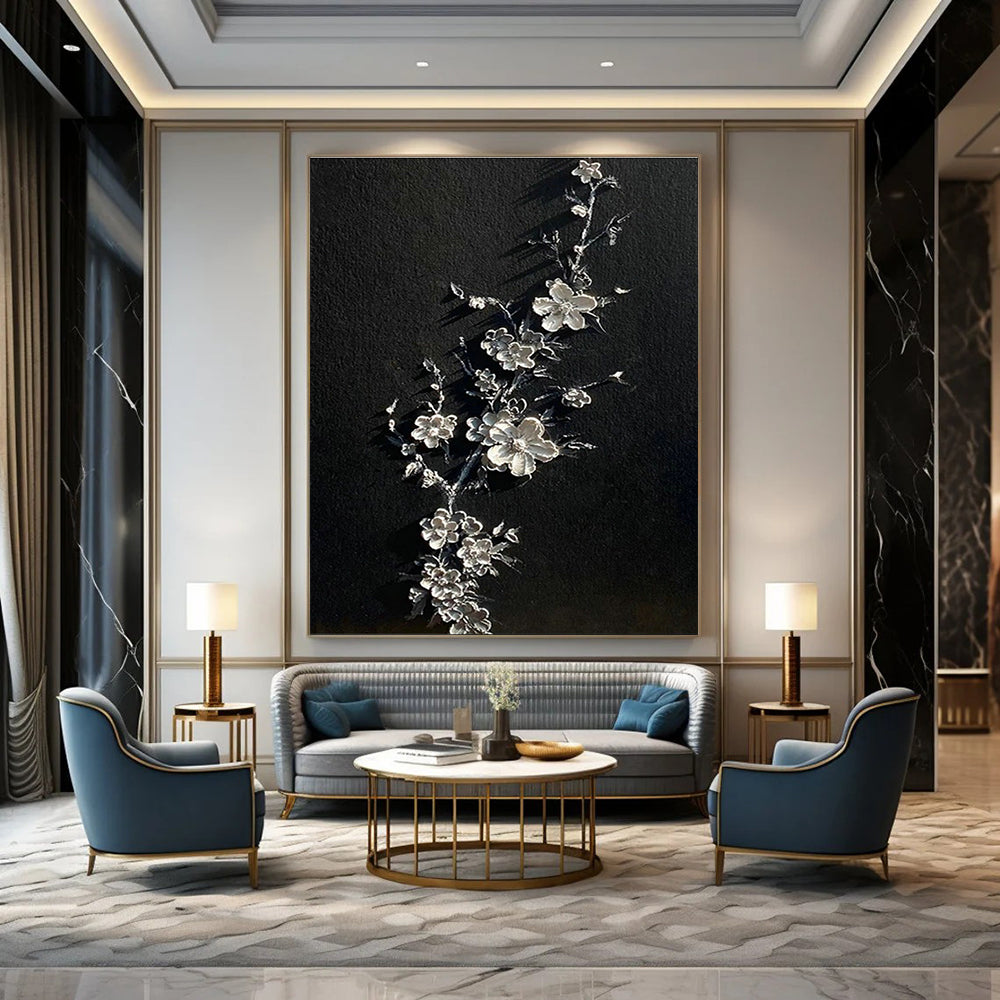 Silver Blossom on Black Art for Elegant Bedroom & Asian - Inspired Lounge DLZ2243