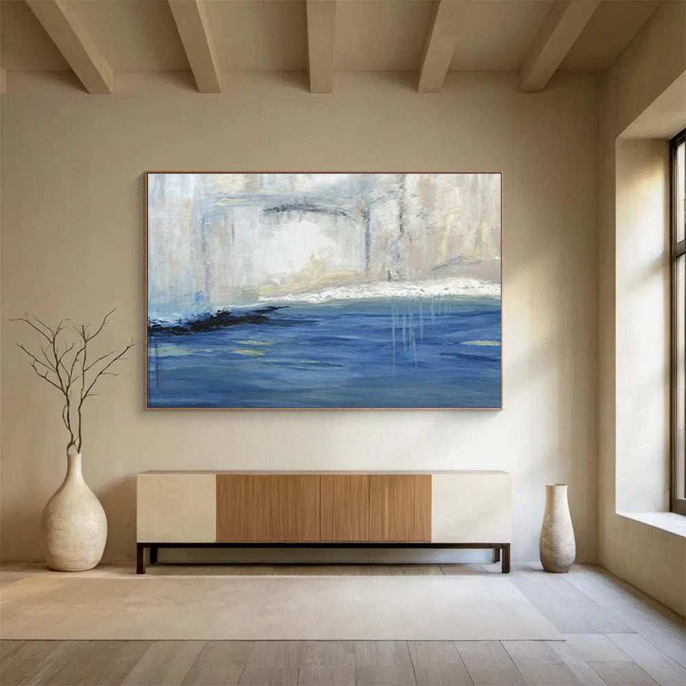 Serene Blue - White Waterfall Abstract Painting for a Peaceful and Focused Study Sanctuary DLZ2786