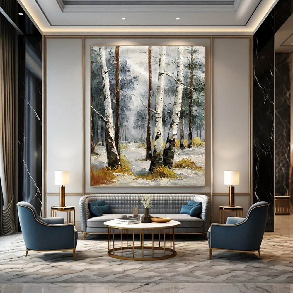 Birch Forest in Snow Oil Painting for Nordic - Style Home & Ski Resort Lobby DLZ1283