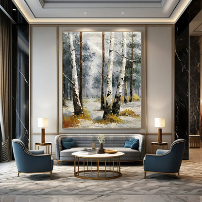 Birch Forest in Snow Oil Painting for Nordic - Style Home & Ski Resort Lobby DLZ1283