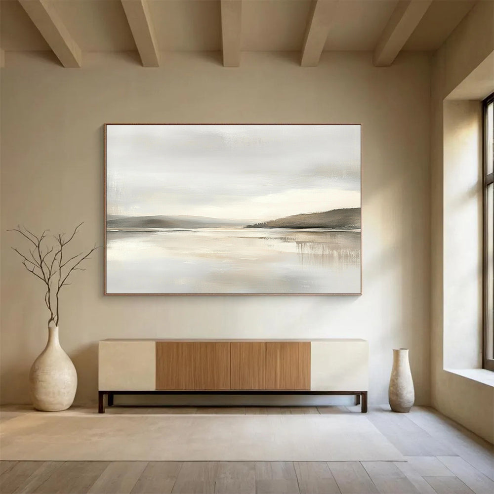 Monochrome Lake View Art for Minimalist Home Office & Serene Reading Nook SC065