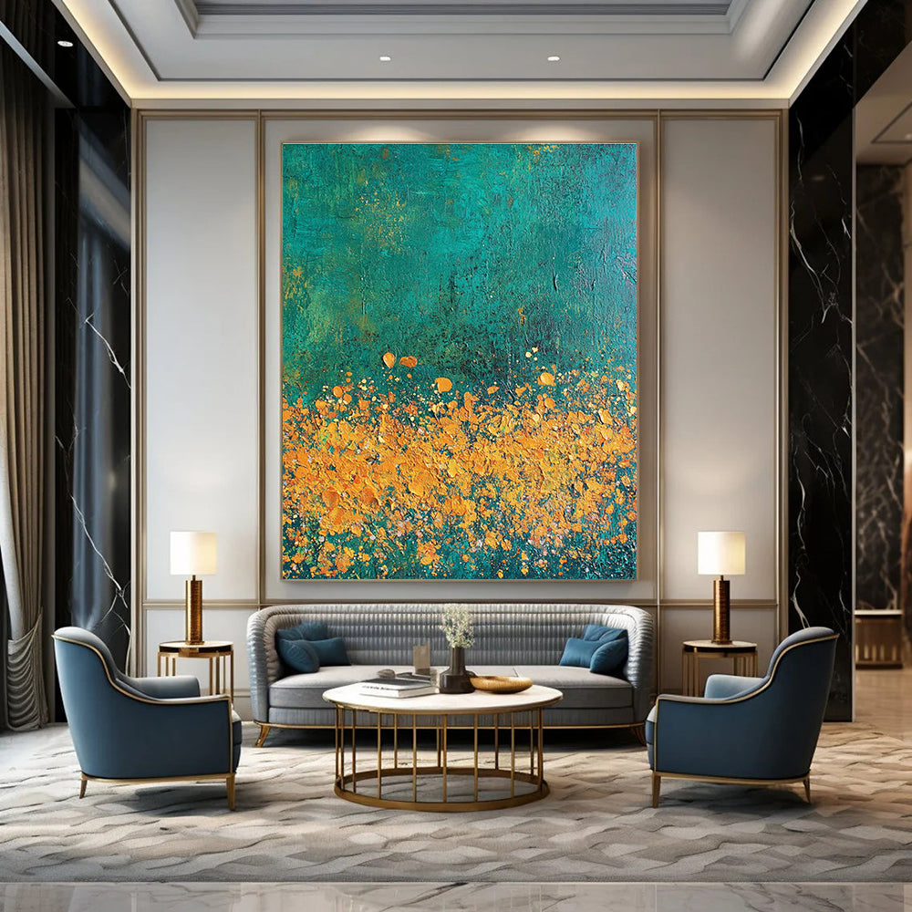 Yellow Flowers on Teal Art for Garden - Themed Café & Nature Lover’s Bedroom STSC1110
