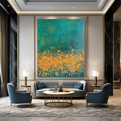 Yellow Flowers on Teal Art for Garden - Themed Café & Nature Lover’s Bedroom STSC1110