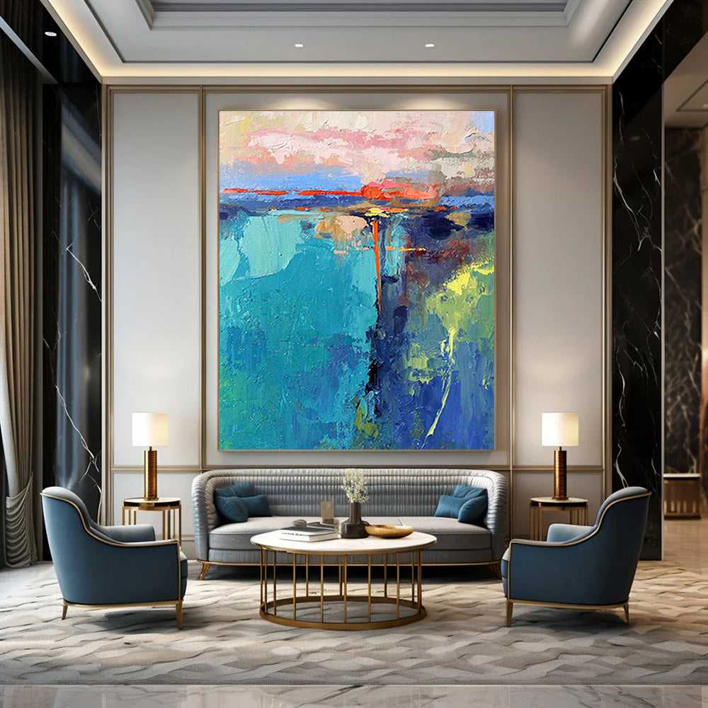 Pink - Blue Coastal Abstract Art for Beachfront Restaurant & Yacht Club DLZ1037