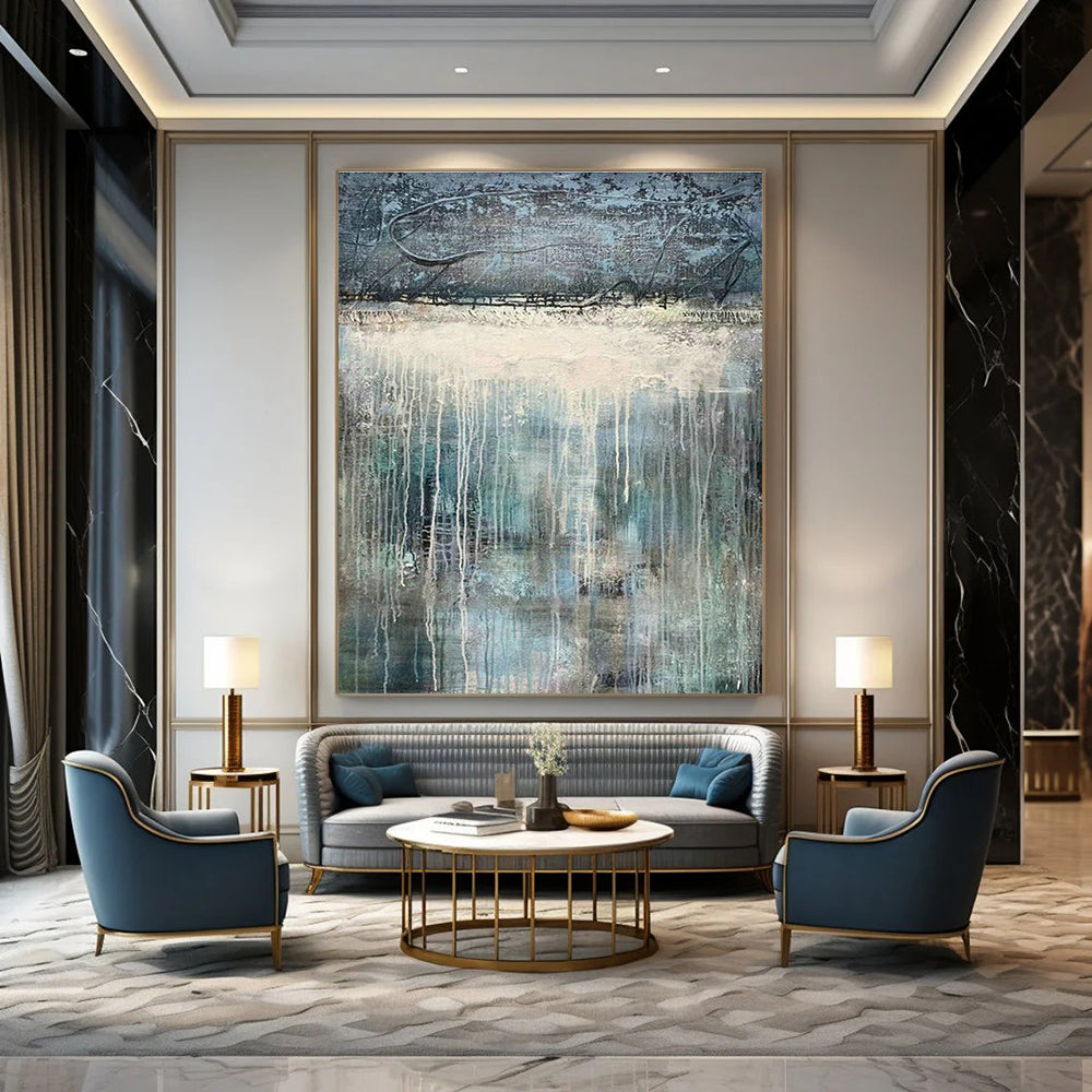 Blue - White Drip Abstract Art for Bohemian - Style Gallery & Serene Meditation Room DLZ0764