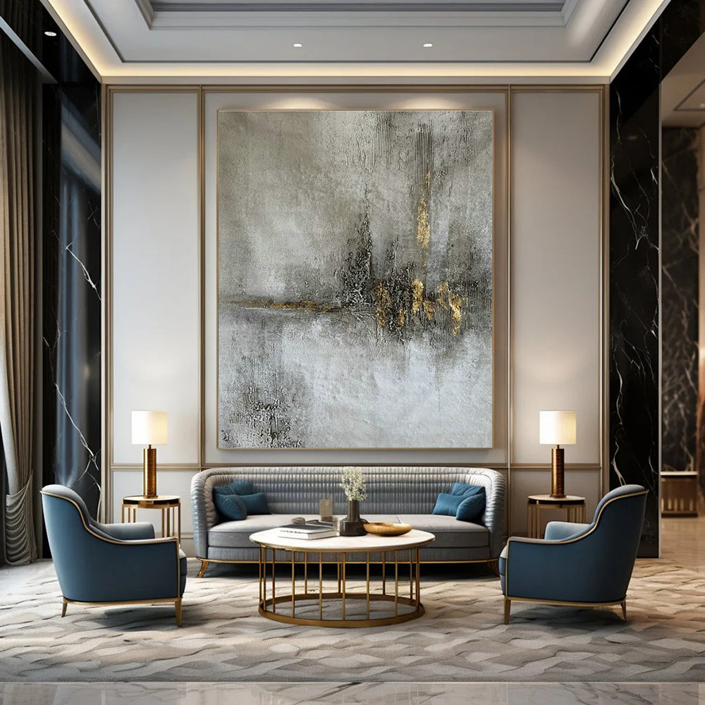Gold - Gray Textured Abstract Art for Luxury Hotel Lobby & High - End Art Gallery DLZ1790