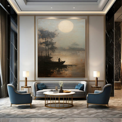 Moonlit Boat Oil Painting for Coastal Bedroom & Zen Meditation Space DLZ0851