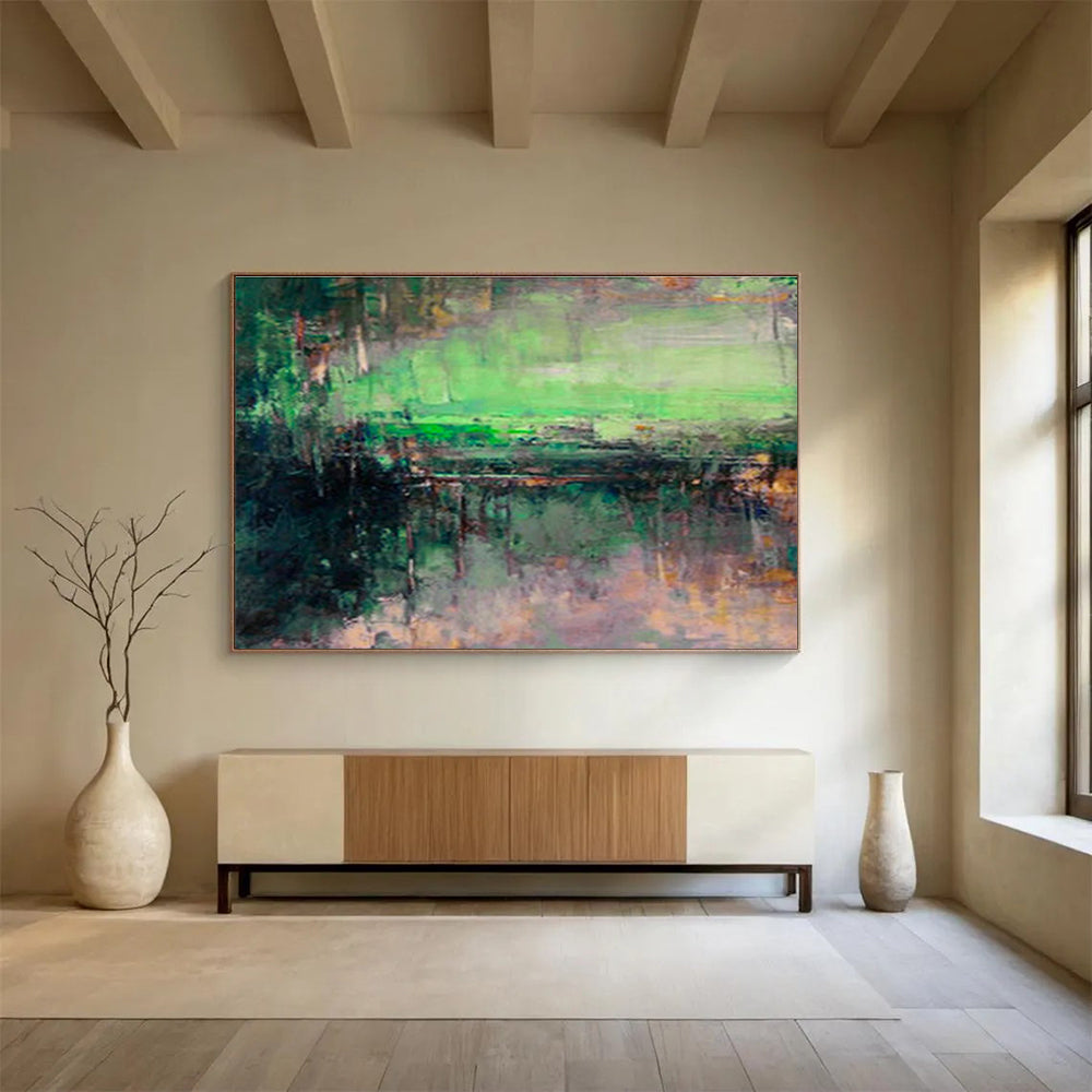 Green - Toned Lakeside Abstract Art for Serene Reading Nook DLZ2779