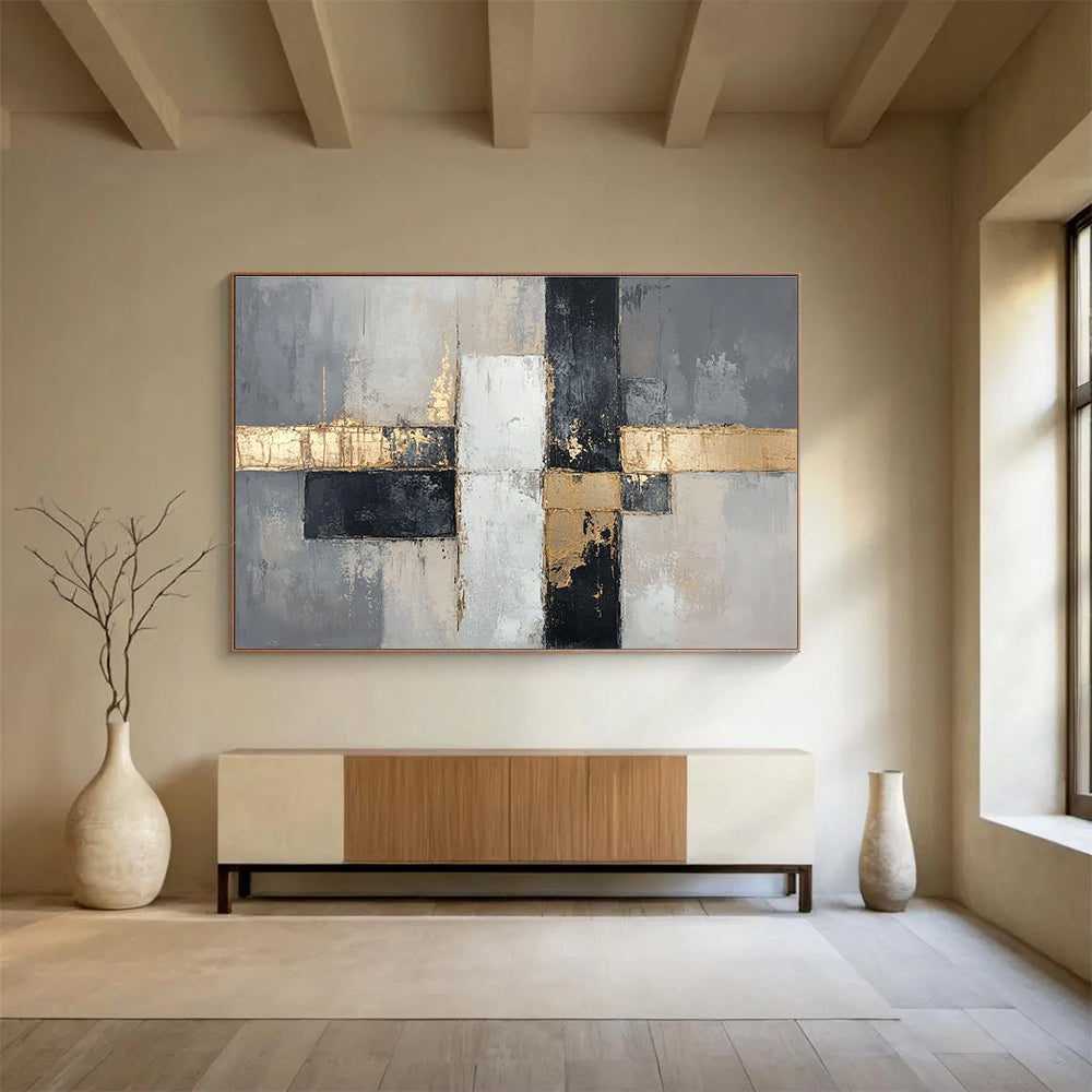 Gray - Gold Geometric Abstract Art for Luxury Condo Living Room & High - End Art Boutique SC247