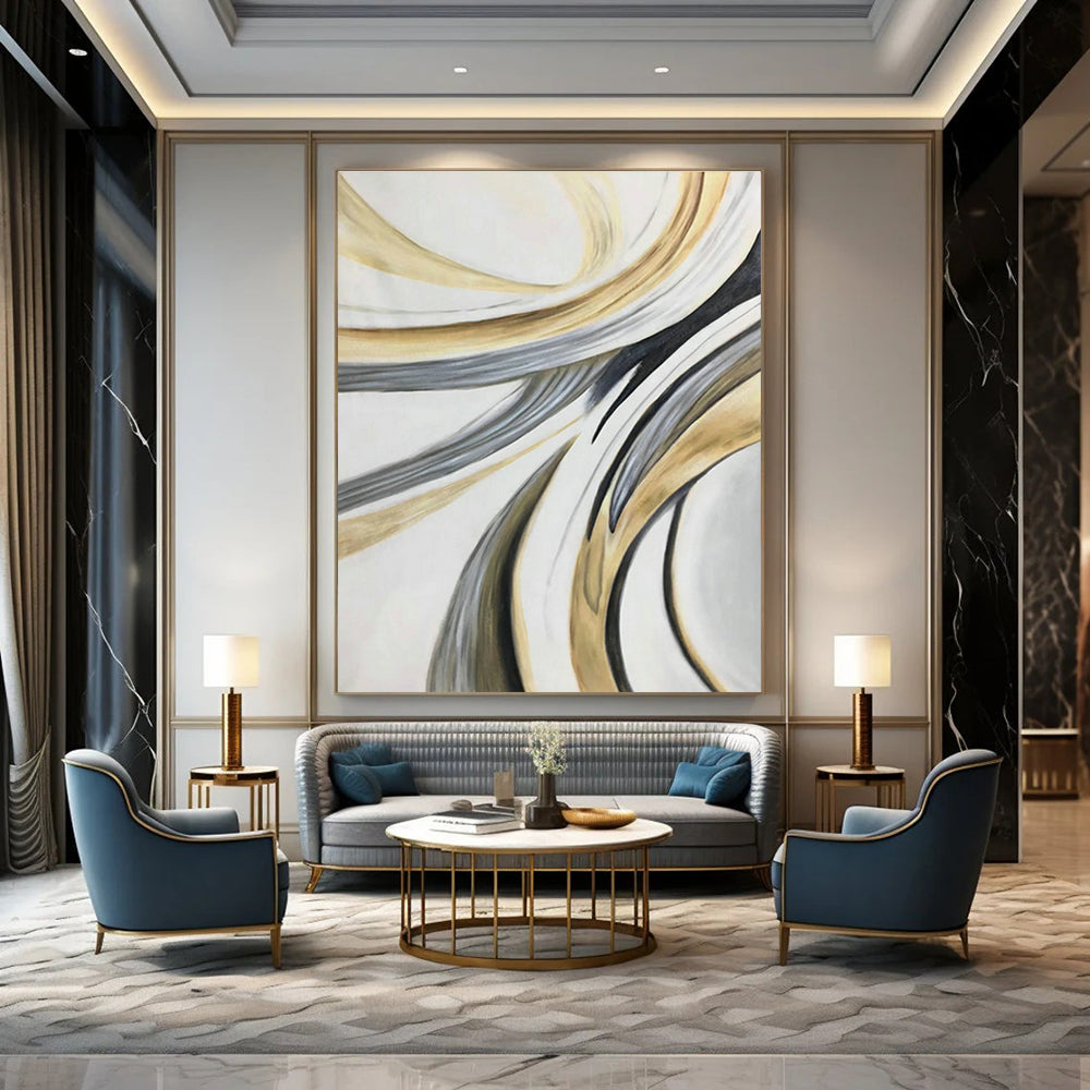 Gold - Grey Line Abstract Art for Living Room & Bedroom DLZ0499