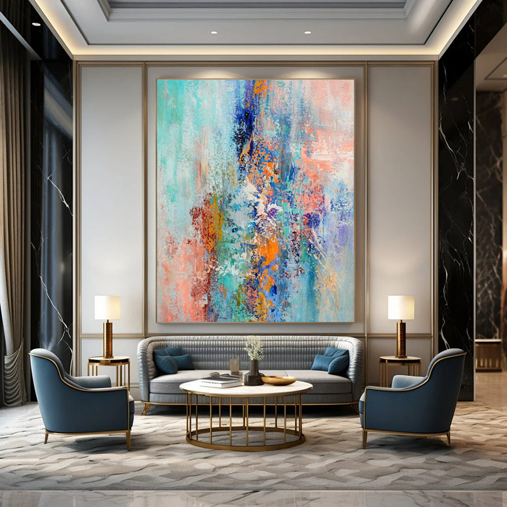 Blue - Orange Abstract Art for Modern Beach House Bedroom Walls DLZ0012