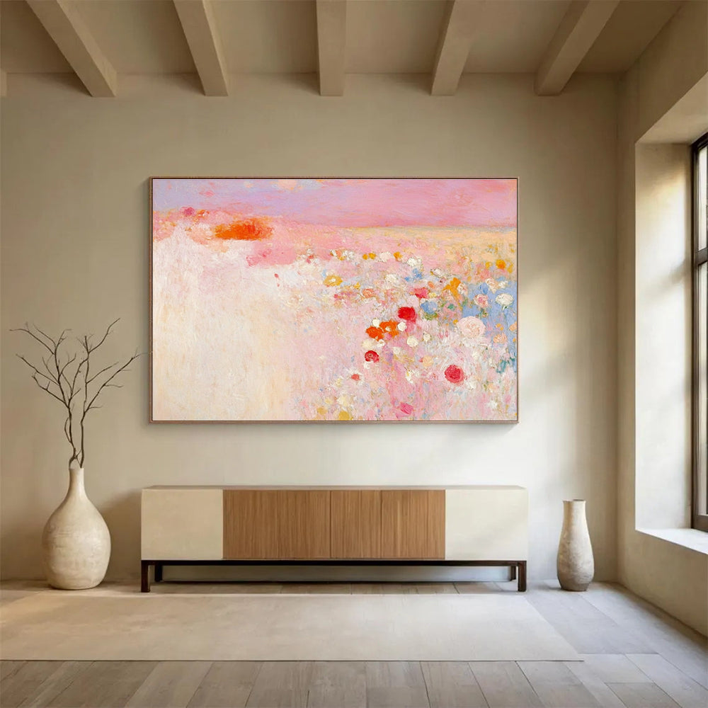 Pink Flower Field Abstract Art for Romantic Wedding Venue & Feminine Bedroom SC350