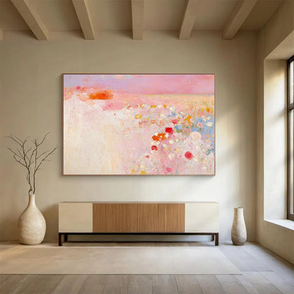 Pink Flower Field Abstract Art for Romantic Wedding Venue & Feminine Bedroom SC350