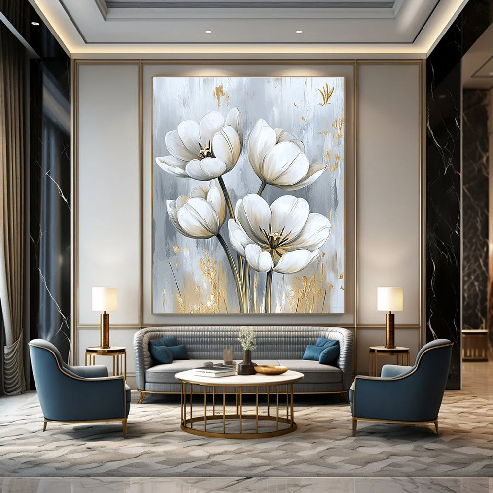 White Tulip Bouquet Classic Floral Art for Traditional Home & Refined Home Living Room STSC1478