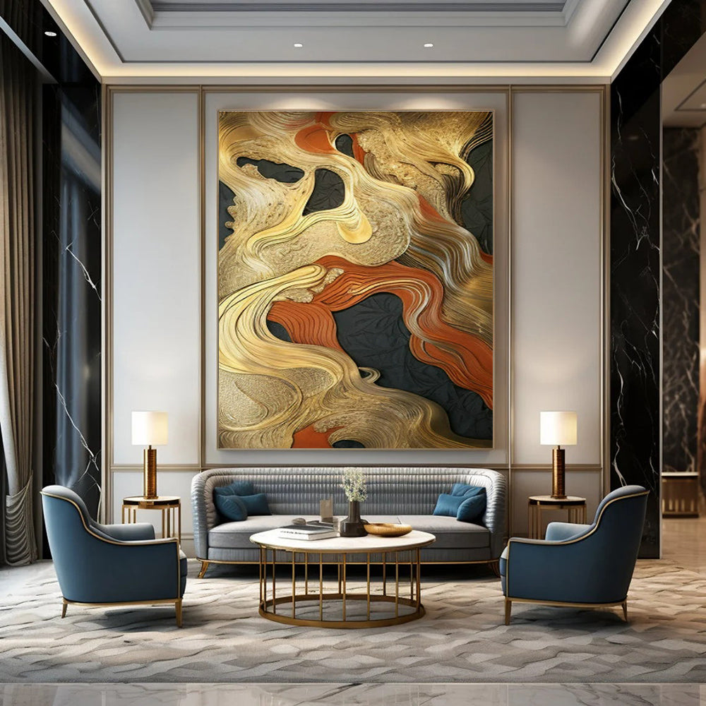 Gold - Orange - Black Abstract Art for High - End Restaurant & Luxury Home Dining Room DLZ1704