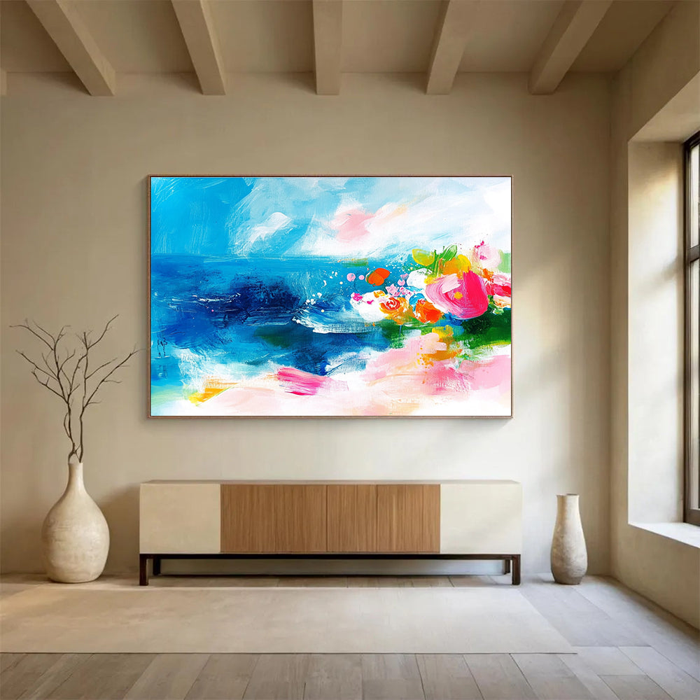Blue Sea and Colorful Flowers Art for Bohemian Living Room & Garden - Themed Restaurant SC363