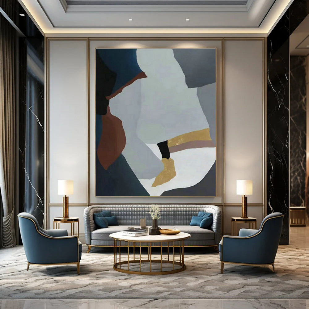 Geometric Abstract Art with Gray, Blue, Gold & Brown for Office Building & Home Entrance DLZ0565