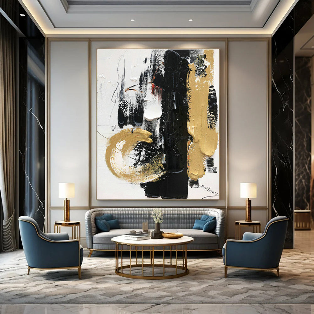 Black, White & Gold Abstract Art for Luxury Hotel Lobby & Sophisticated Home Office DLZ0820