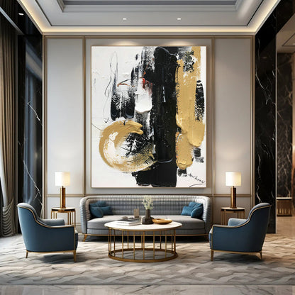 Black, White & Gold Abstract Art for Luxury Hotel Lobby & Sophisticated Home Office DLZ0820