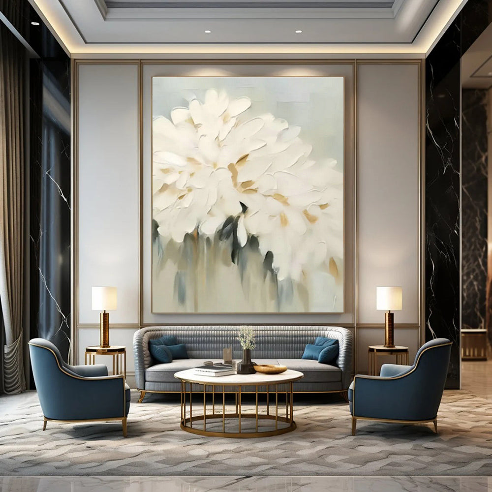 White Floral Textured Painting for Elegant Bedroom & Charming Café DLZ0861