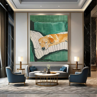 Dog Sleeping on Green Sofa Art for Pet - Friendly Home & Vet Clinic Waiting Room DLZ0688