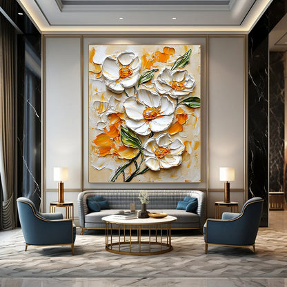 Textured White Flowers Art for Floral - Themed Spa & Elegant Dining Room STSC1397