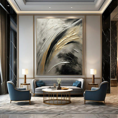 Gold - Silver - Black Abstract Art for Luxury Penthouse & High - End Art Event DLZ1719