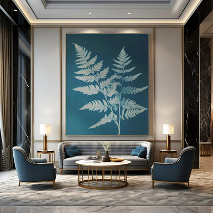 Blue - Based Fern Plant Art for Botanical Café & Nature - Themed Home Library DLZ1761