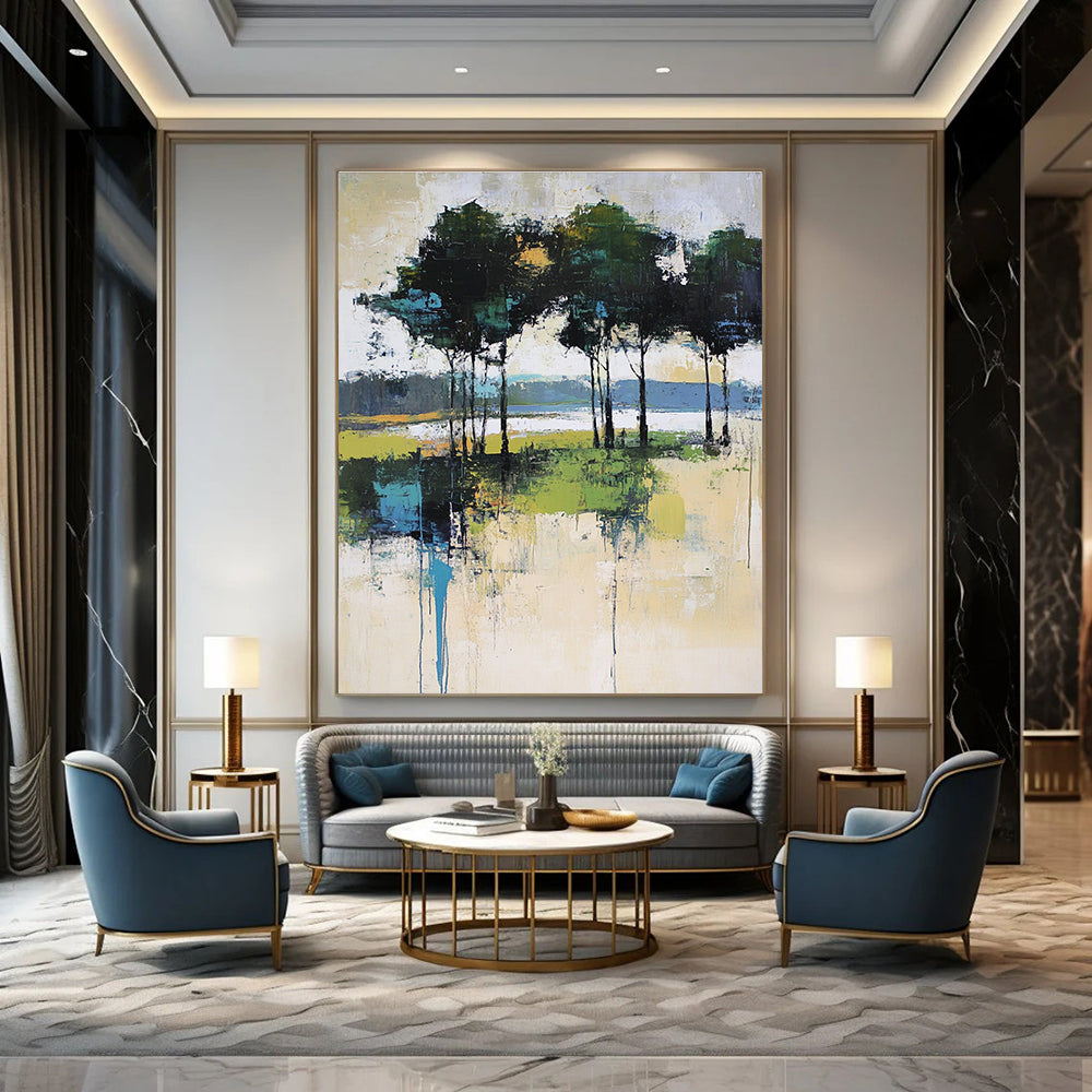 Abstract Tree - Lined Waterfront Art for Lakeside Cottage & Art - Loving Home Office STSC118