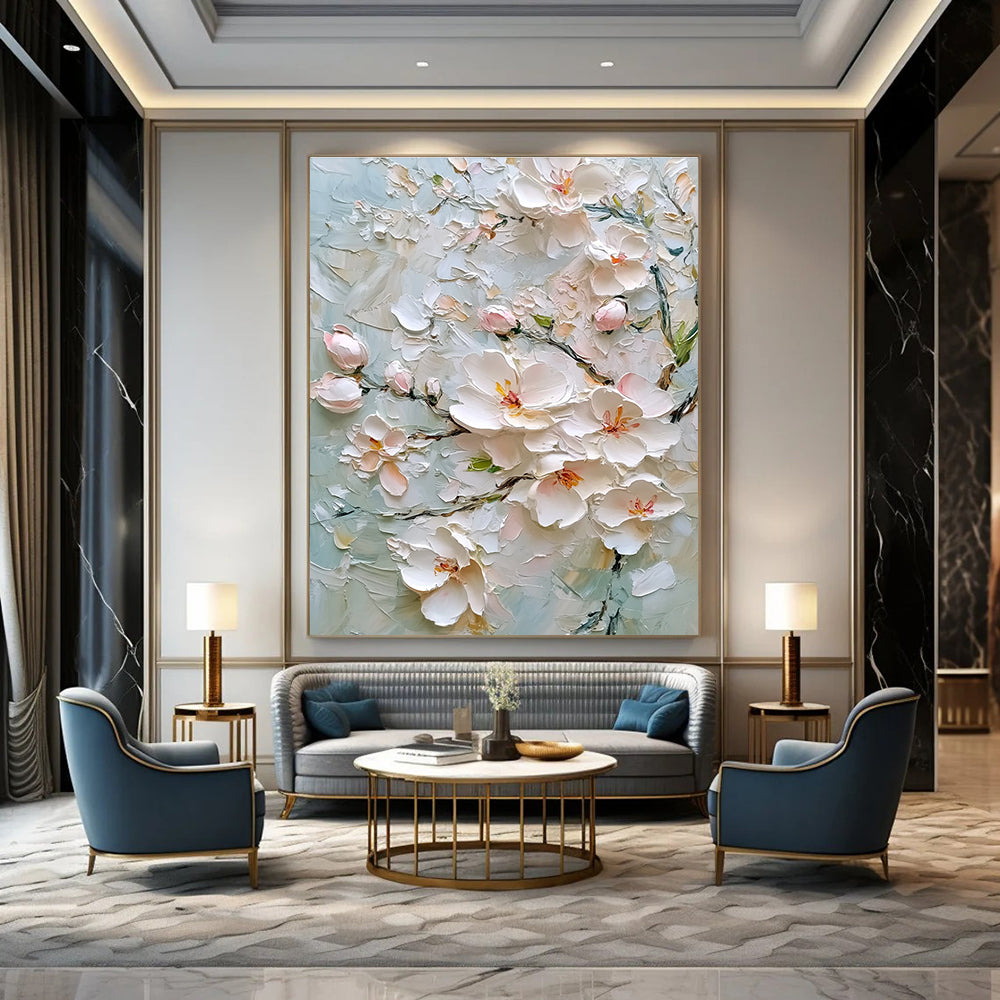 Textured White Flowers on Light Blue Art for Coastal Home Living Area & Spa - Like Bathroom STSC1364