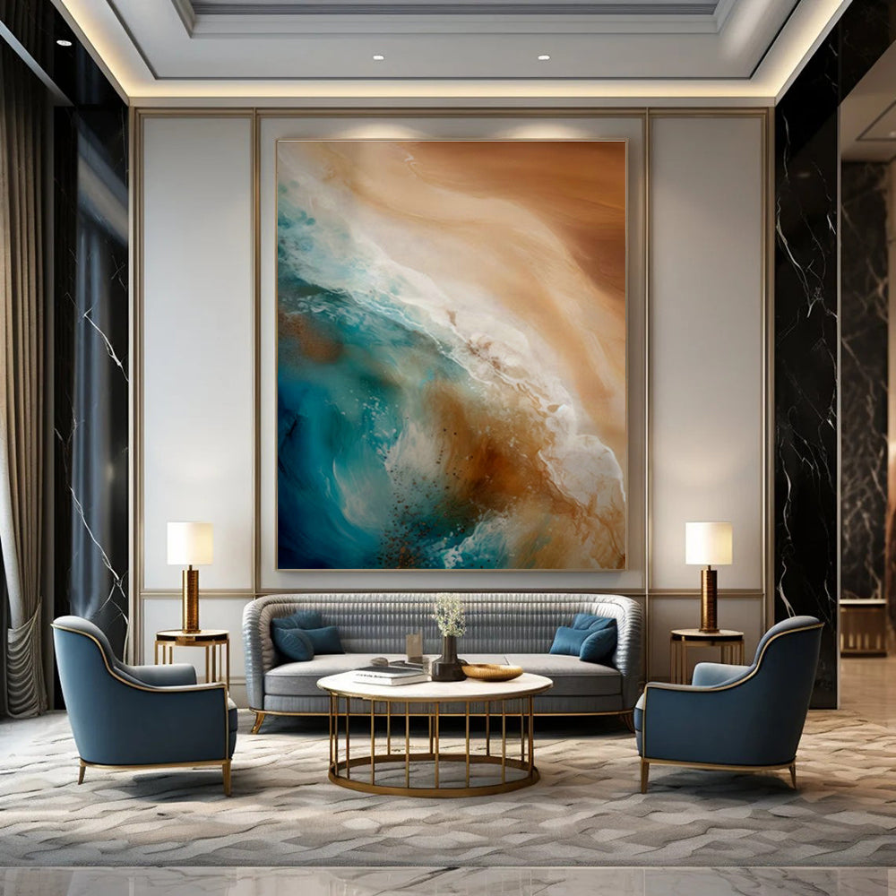 Blue - Brown Ocean Waves Abstract Art for Beachfront Villa & Coastal Café DLZ1645
