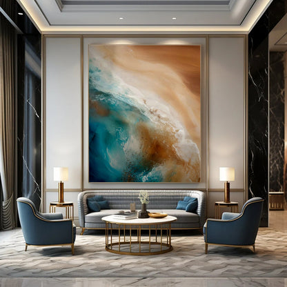 Blue - Brown Ocean Waves Abstract Art for Beachfront Villa & Coastal Café DLZ1645