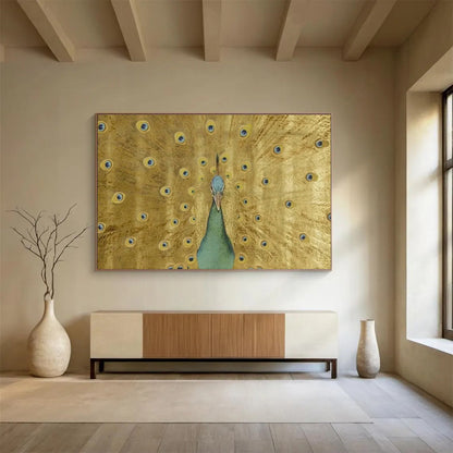 Golden Peacock with Open Feathers Art for Luxe Hotel Lobbies DLZ3124