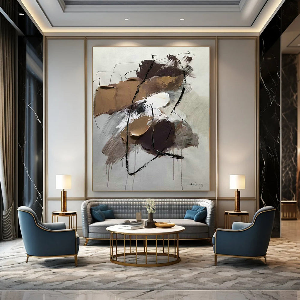 Brown - Black Line Abstract Art for Industrial - style Loft & Art Studio Break Area DLZ0786