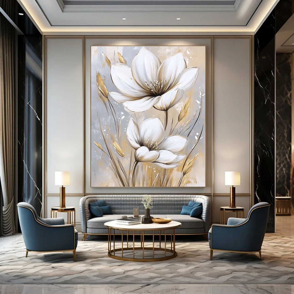 White and Gold Flowers Luxurious Floral Art for High - End Hotel Lobby & Glamorous Home Bedroom STSC1476