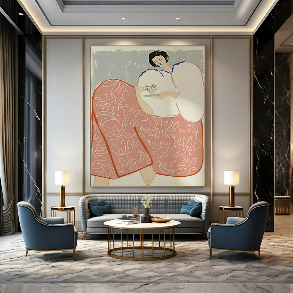 Woman with Teacup Art for Tea House & Home Reading Nook DLZ1154