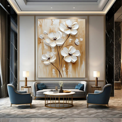 3D White Flowers on Wood Rustic Floral Art for Farmhouse - Style Kitchen & Cozy Home Porch STSC1479