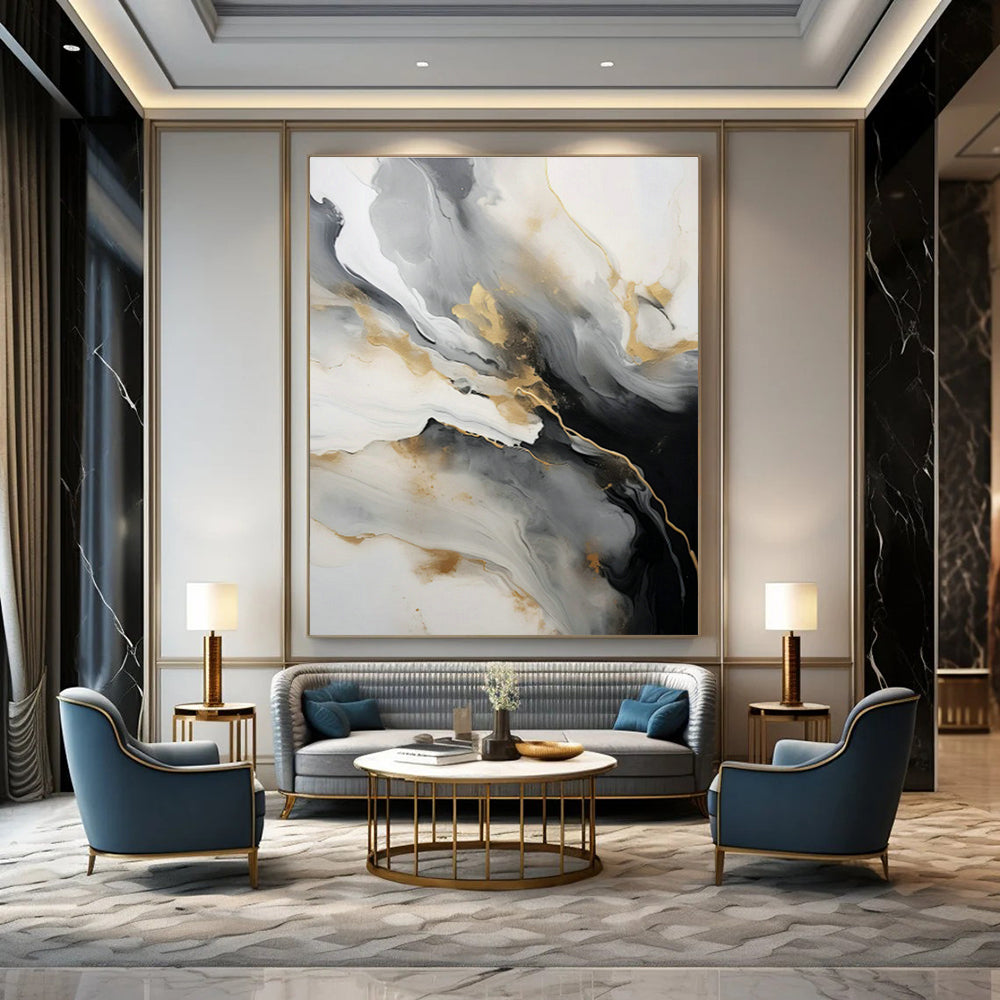 Gold - Gray Ink Abstract Art for Modern Art Lounge & Sophisticated Hotel Lobby DLZ0729