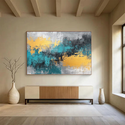 Gray - Teal - Gold Abstract Art for Modern Office Reception & Luxury Home Living Room SC260