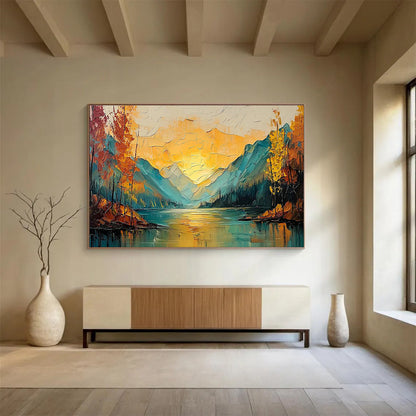Textured Mountain & Lake Sunset Art for Adventure Lodge Communal Spaces DLZ3245